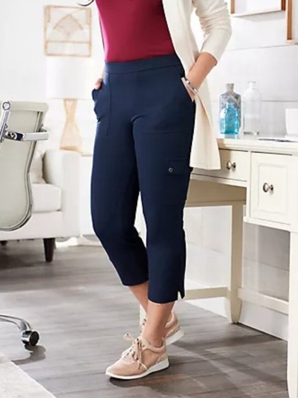 Susan Graver Navy Cropped Cargo Ankle Pants